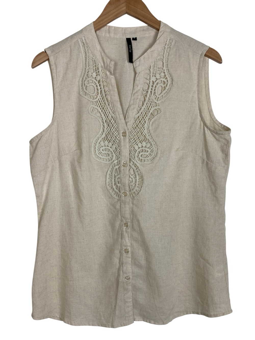 Linen Blend Sleeveless Cream Button-Front Top, Size Medium